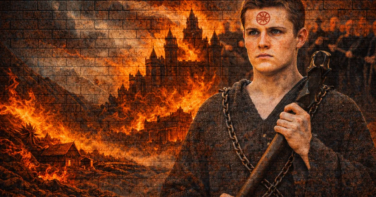 Lancel Lannister prepares to fight. He has a tattoo on his forhead and is ready for war as a castle smokes and flames behind him