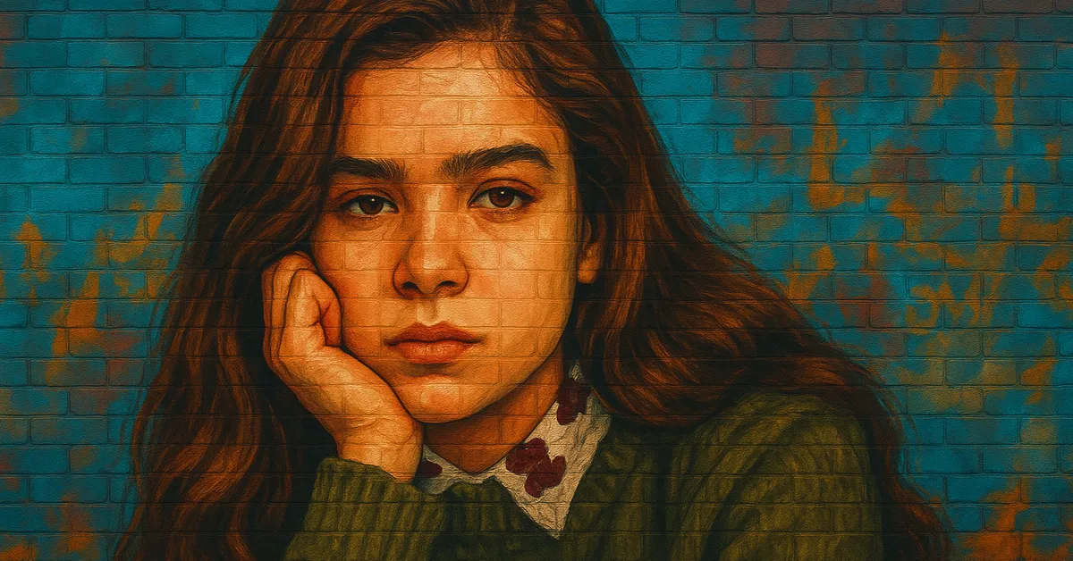 painting of Laura Madley, a young girl with long brown hair leaning her chin on her hand with a thoughtful expression wearing a green sweater