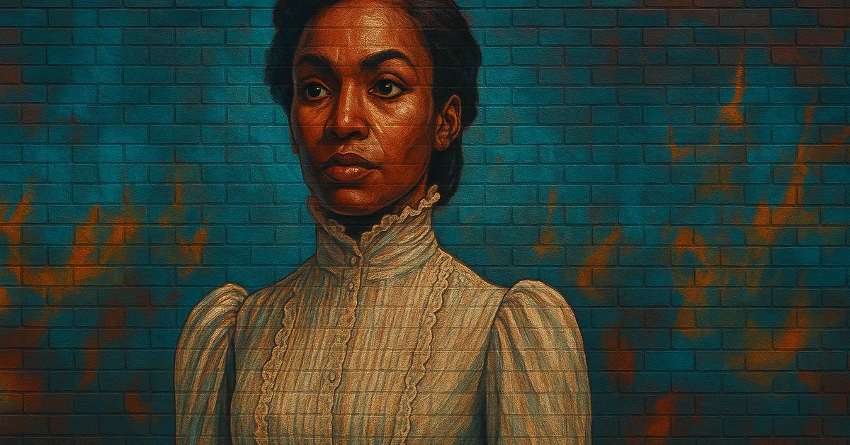 graffiti portrait of Laurena Kama, a dignified Black woman with pulled-back hair and a high-collared white blouse looking stoic