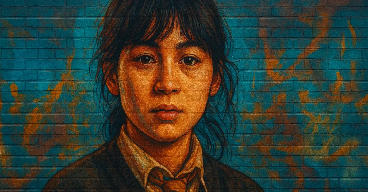 graffiti portrait of Leanne, a young witch with dark bangs and a bewildered expression wearing a Hogwarts uniform on a textured wall