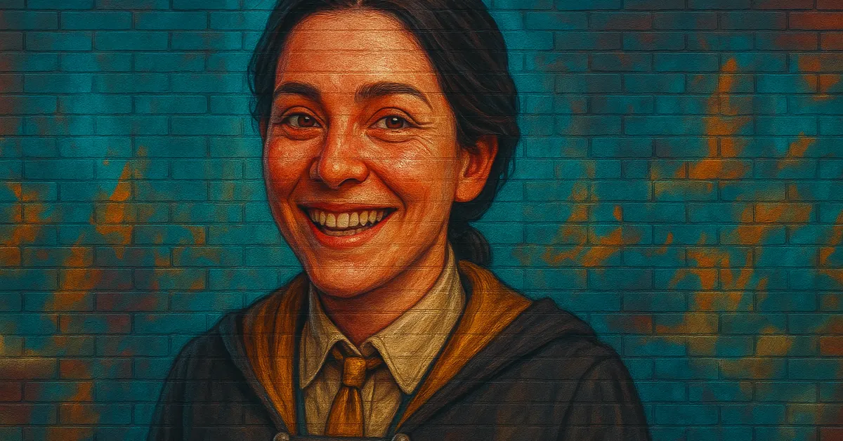 mural of Lenora Everleigh, a smiling young student with dark hair tied back wearing a Hufflepuff school uniform on a brick surface