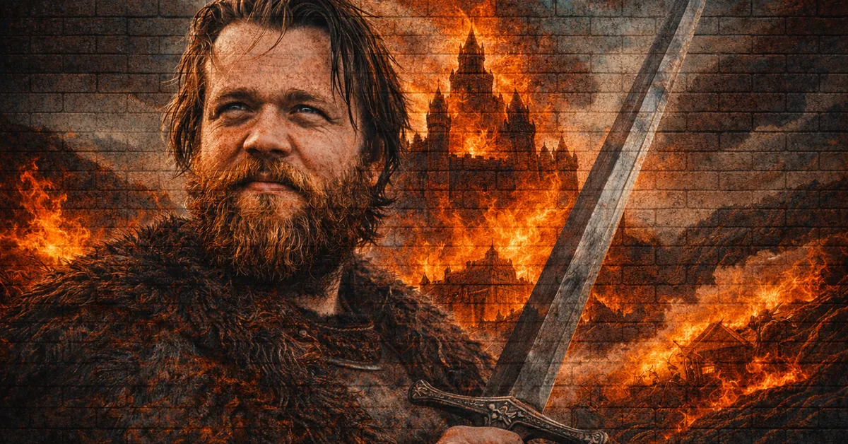 Leyton Hightower stands sword ready, fire rages in the background and he smirks knowing the war ahead