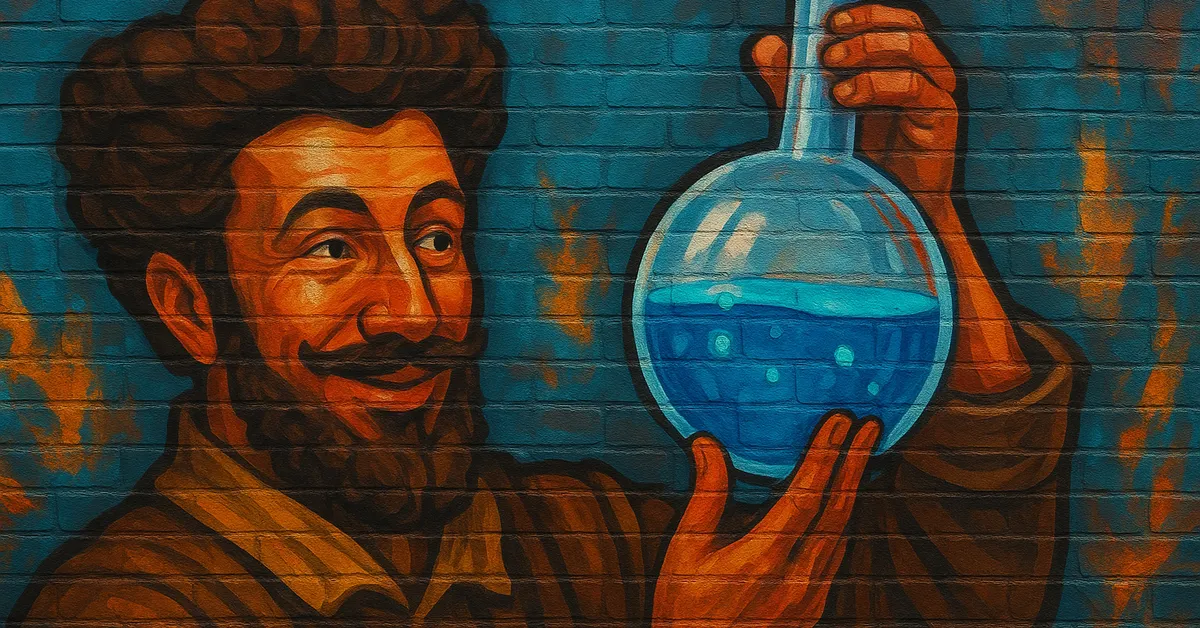 street art portrait of Libatius Borage holding a large glass flask of bubbling blue potion with a proud smile representing the famous potioneer