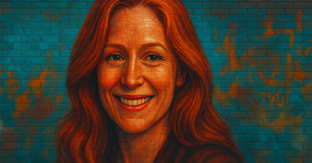 hyper-realistic mural of Lily Potter with flowing dark red hair and bright green eyes smiling warmly on a textured brick wall