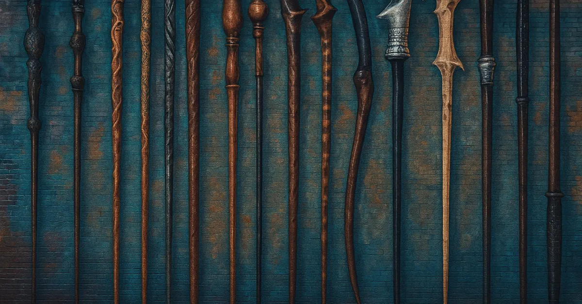 A mural of fifteen wizard wands arranged upright in a row against a blue brick wall each wand carved with unique designs