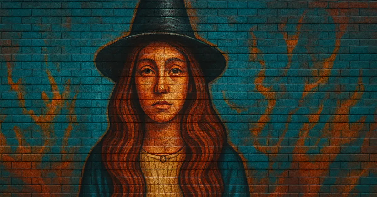 graffiti portrait of Lisette De Lapin, a witch with long wavy hair wearing a tall pointed black hat against a blue brick background