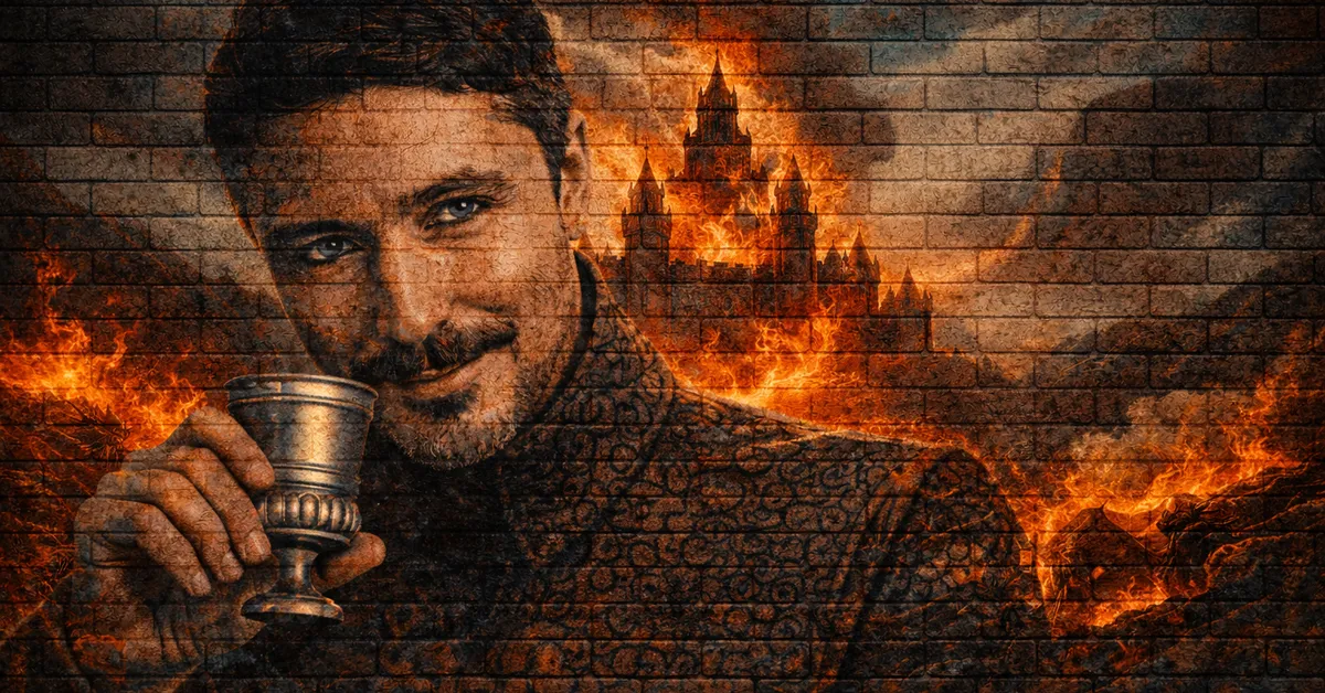 Littlefinger toasts the masses as he watches the fires in the castle burned knowing he is the instigator of the fires