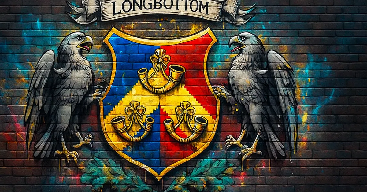 mural of the Longbottom Family crest displaying three gold horns on a red and blue shield flanked by two eagle supporters