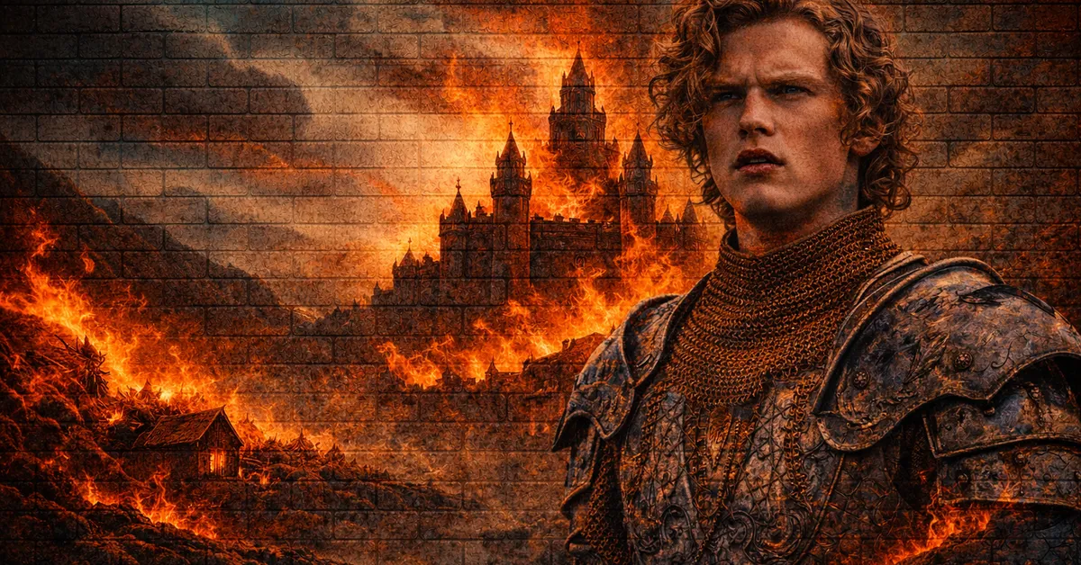 Loras Tyrell stands bravely in armour in front of the burning flames. He is joyful as the world burns