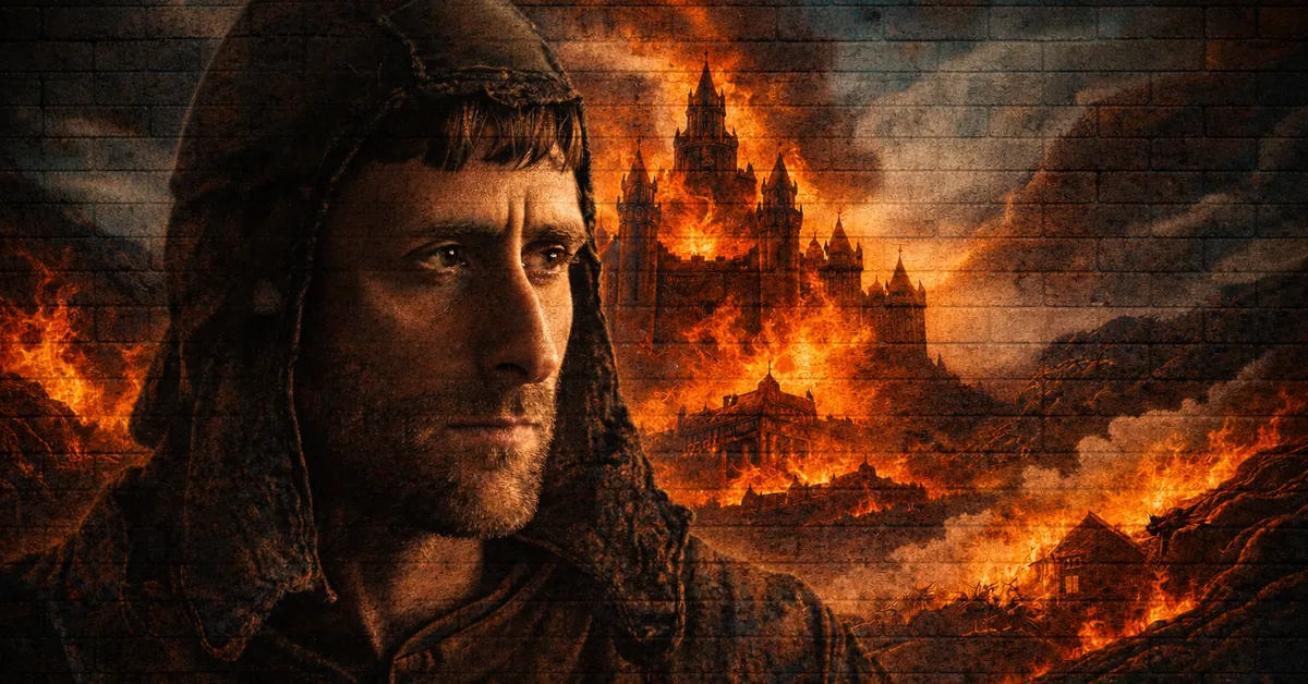 Lothar Frey wears a small cap, he looks tired and weary as buildings burn behind him with rage and anger