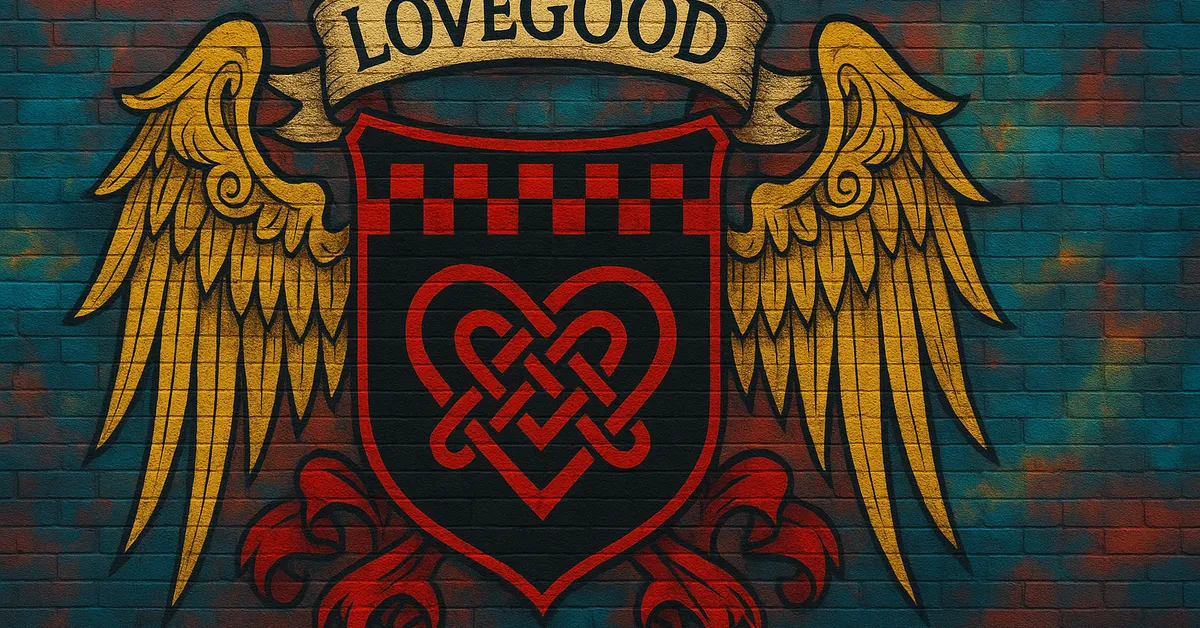 graffiti mural of the Lovegood Family crest featuring a red celtic heart knot on a black and checkered shield flanked by golden wings on a brick wall