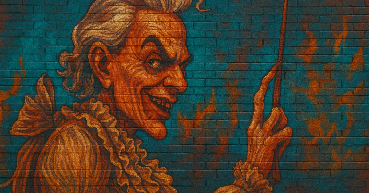 street art portrait of Loxias, a menacing wizard with a wicked grin and wild hair holding a wand, depicted in a graphic style on a textured wall