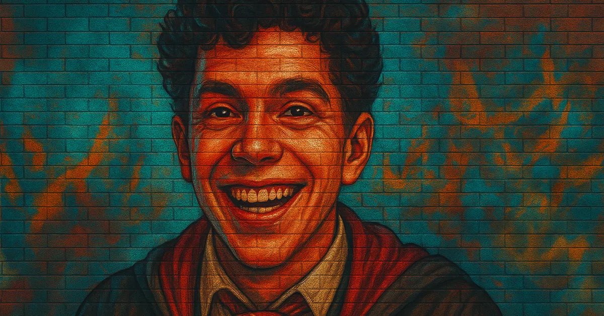 graffiti portrait of Lucan Brattleby, a young boy with curly hair and a wide enthusiastic grin wearing a school tie and robes representing the Crossed Wands club