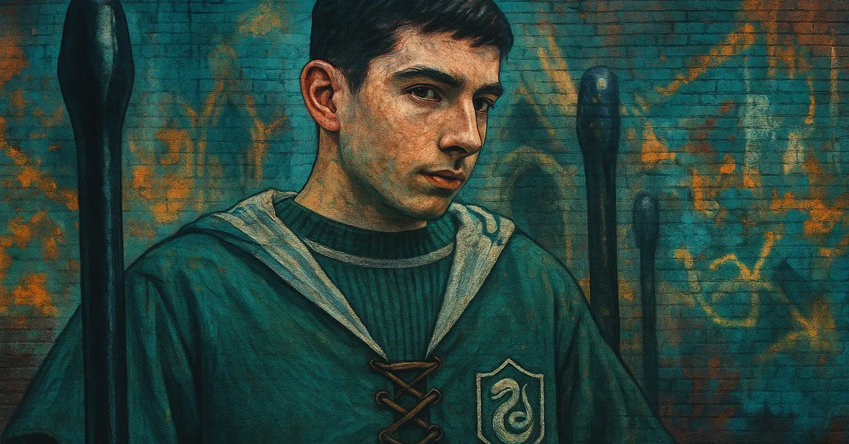 mural of Lucian Bole, a stern-looking Slytherin student holding a Beater's bat standing between goal posts against a blue brick background