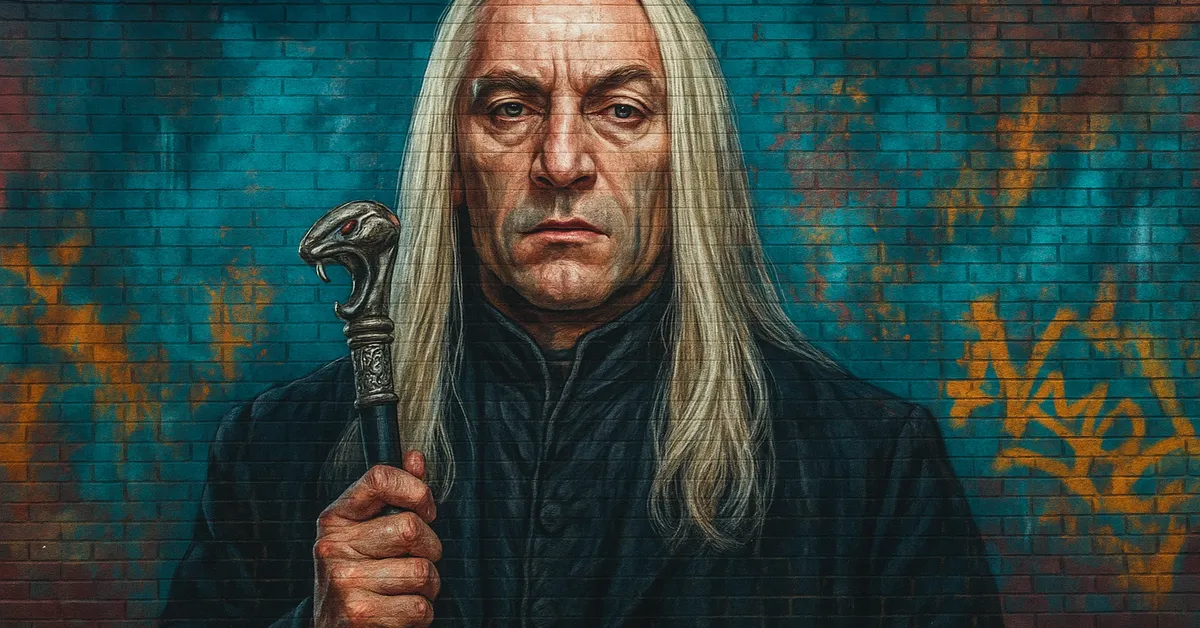 hyper-realistic street art of Lucius Malfoy, a pale wizard with long platinum blonde hair holding a cane with a snake head handle and staring coldly