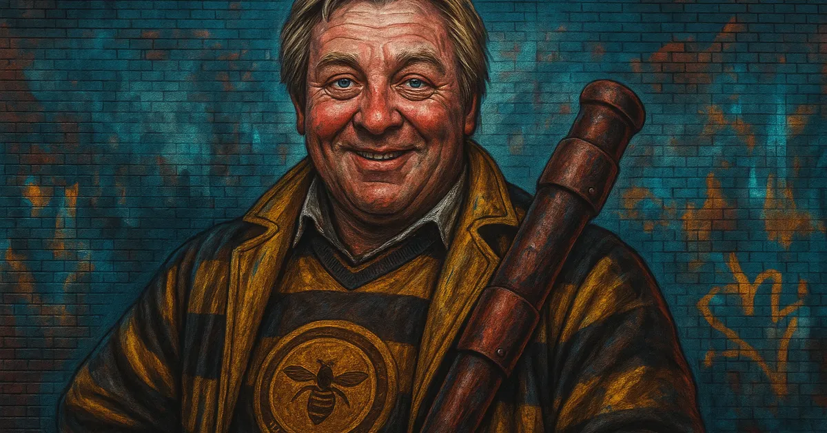 graffiti portrait of Ludovic Bagman, a jovial man with blonde hair wearing yellow and black Wimbourne Wasps robes and holding a bat with a wide smile