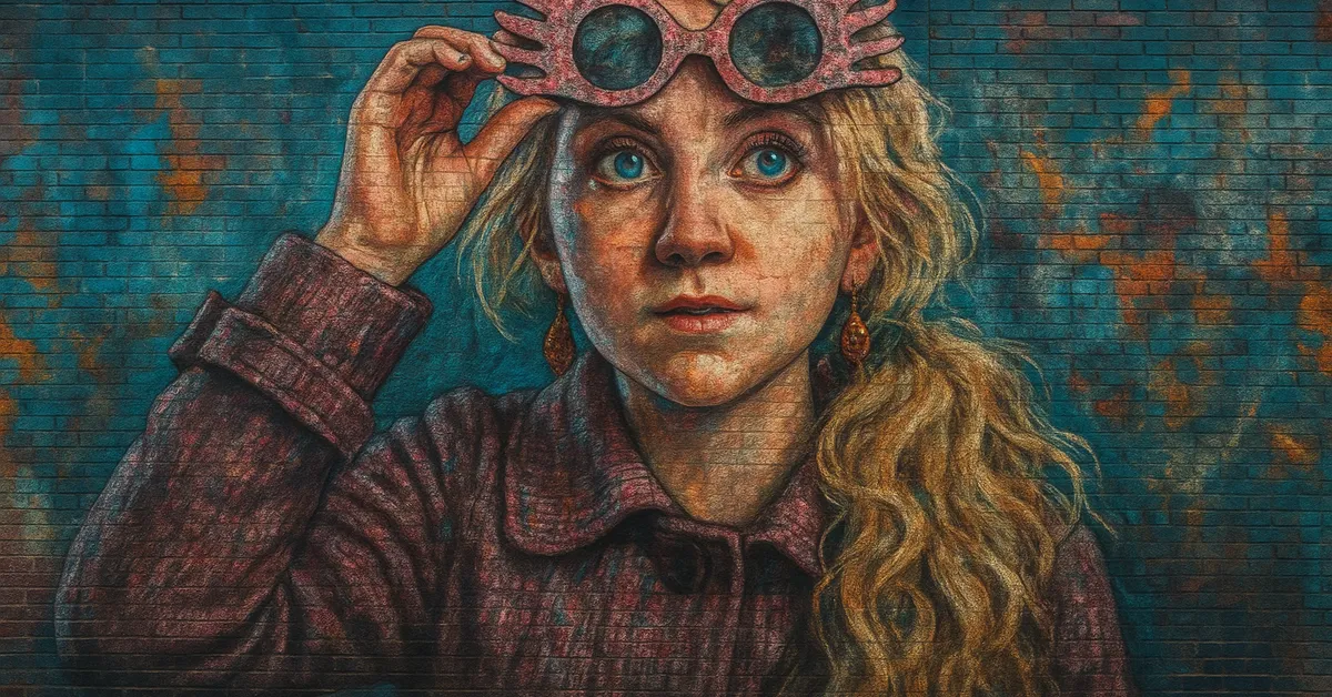 A mural of Luna Lovegood wearing her pink Spectrespecs and looking upward with her long blonde hair against a teal and orange brick wall