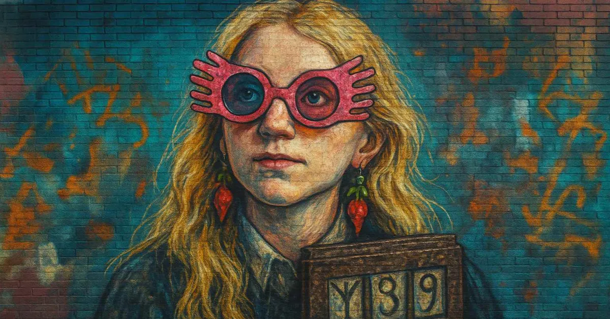 hyper-realistic painting of Luna Lovegood wearing pink Spectrespecs and radish earrings looking dreamily into the distance on a brick surface