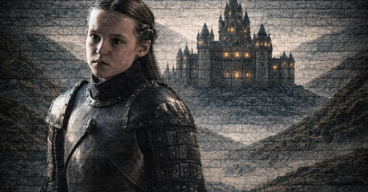 Lyanna Mormont, looking young, wearing battle clothing and looking concerned as her castle sits in the backgrouns not guarded