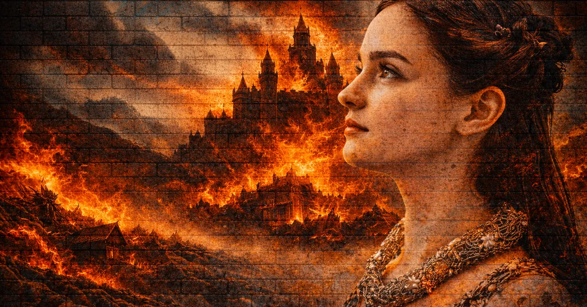 Lyanna Stark, wearing a beautiful dress, looking into the distance with a castle on fire in the background. she is smiling