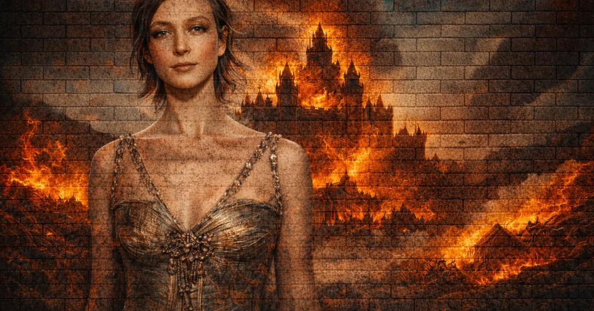 Lynesse Hightower stands in a stunning dress, as she prepares to be a cocubine for another man. Her world burns behind her in flames