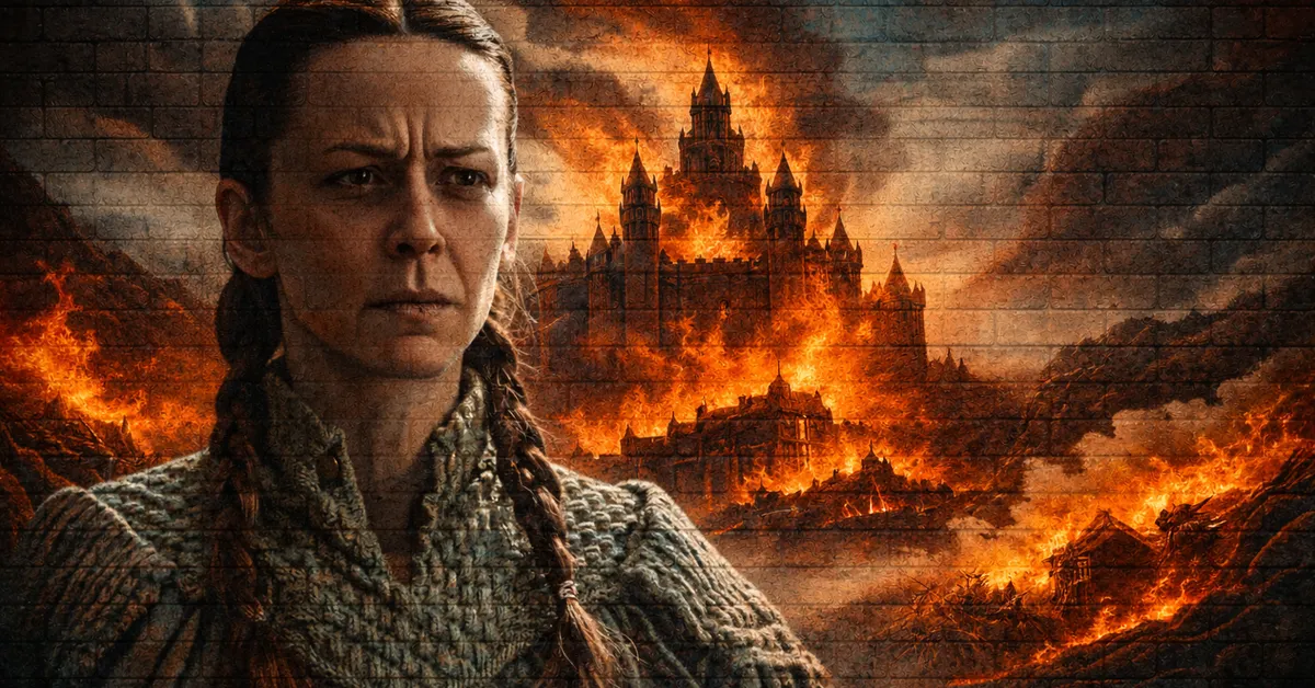 Lysa Arryn stands on the left, old clothes, weary face as her castle falls apart as it burns