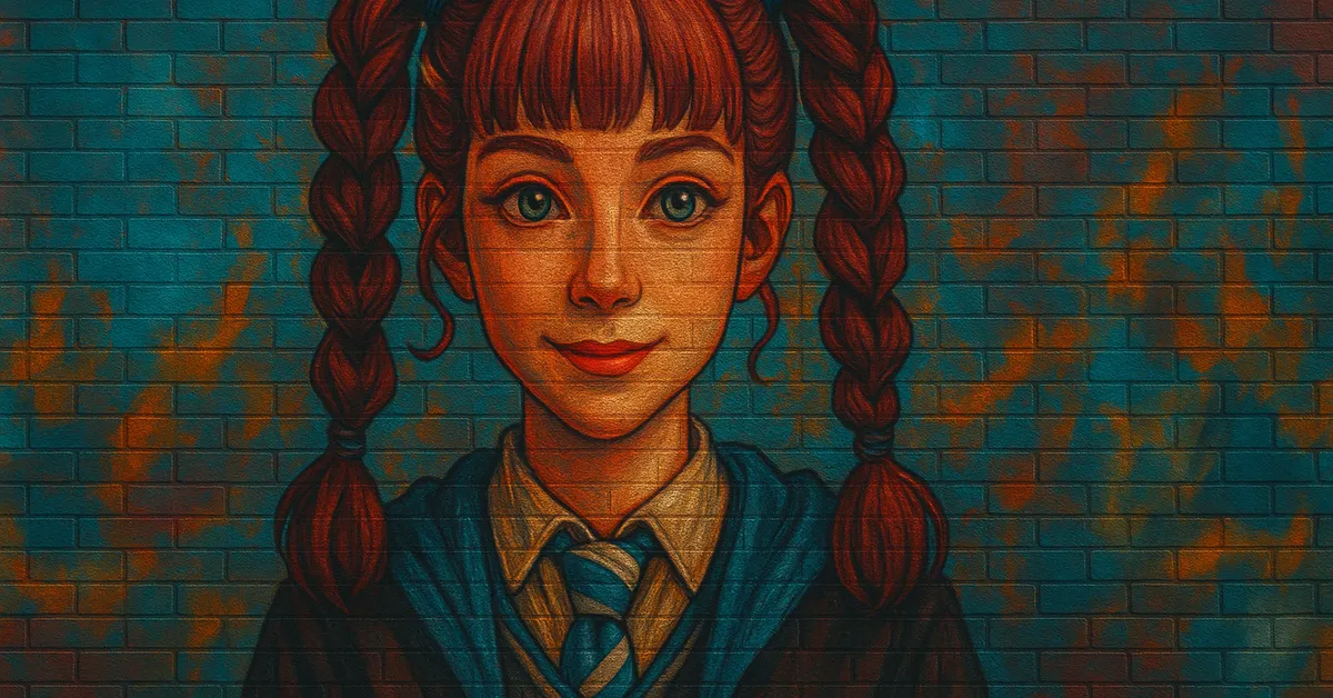 graffiti portrait of a young girl 'Mabel' with red hair in braided pigtails and a blue tie smiling gently against a textured brick wall