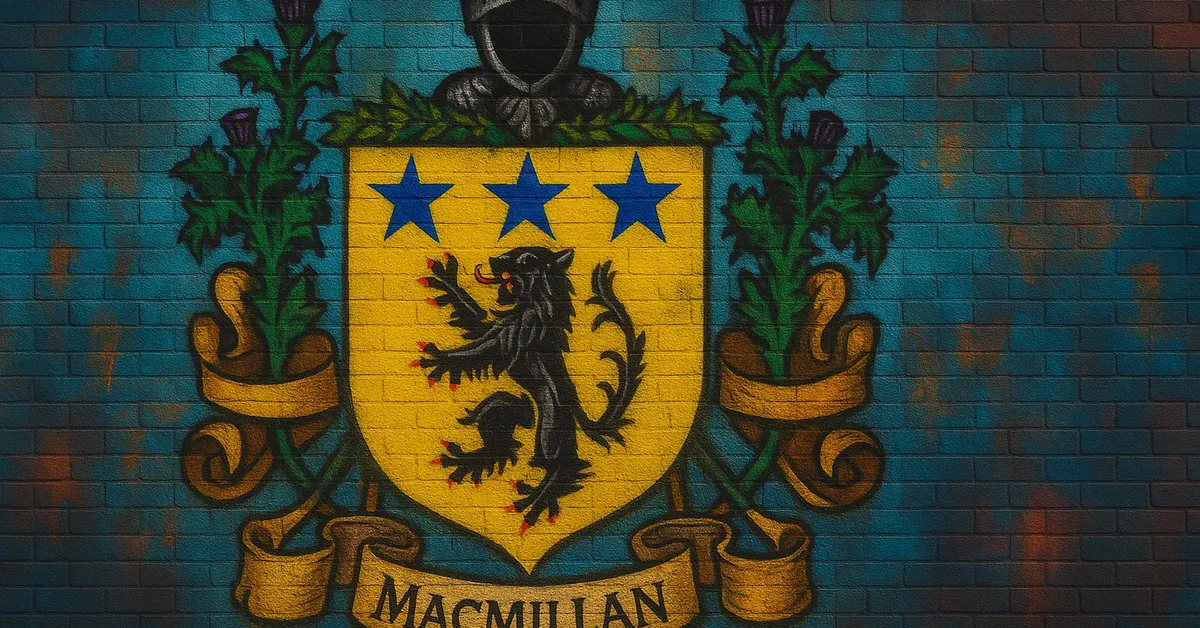graffiti mural of the Macmillan Family crest featuring a yellow shield with three blue stars and a rampant black beast topped with a knight's helmet