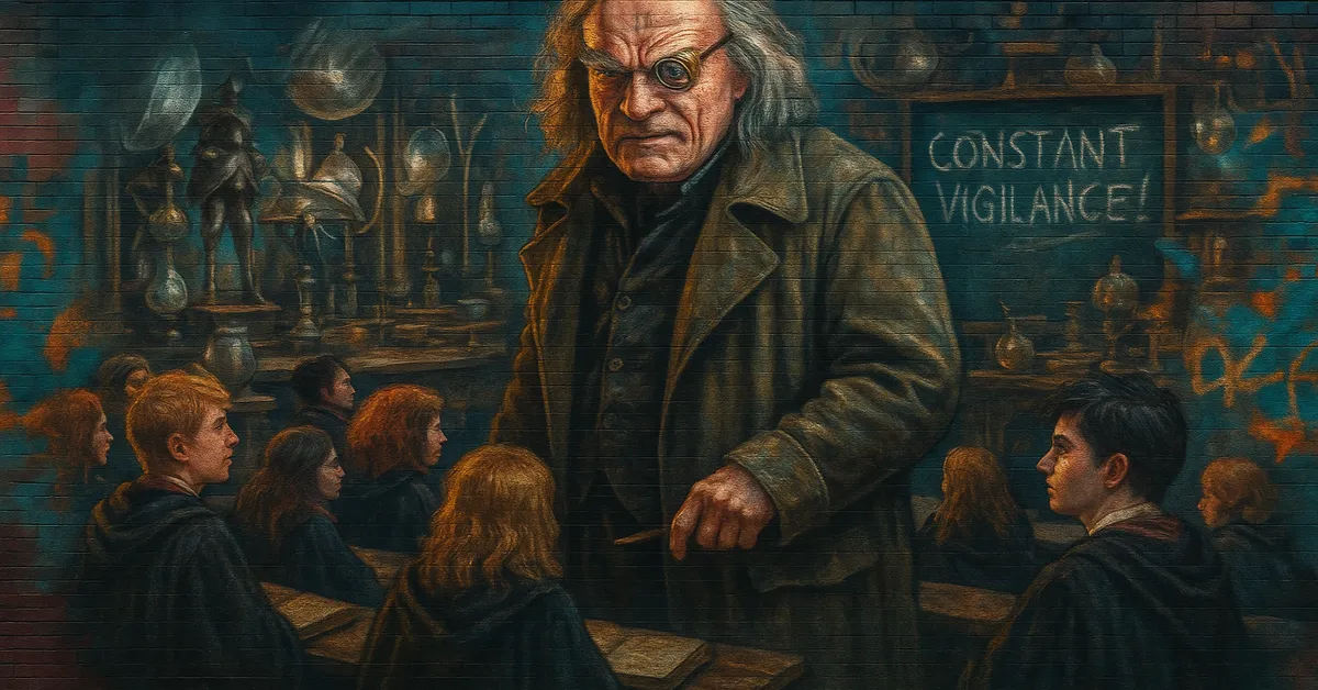 A mural of Mad Eye Moody standing in a Hogwarts classroom in front of students with magical objects behind him and a chalkboard reading Constant Vigilance
