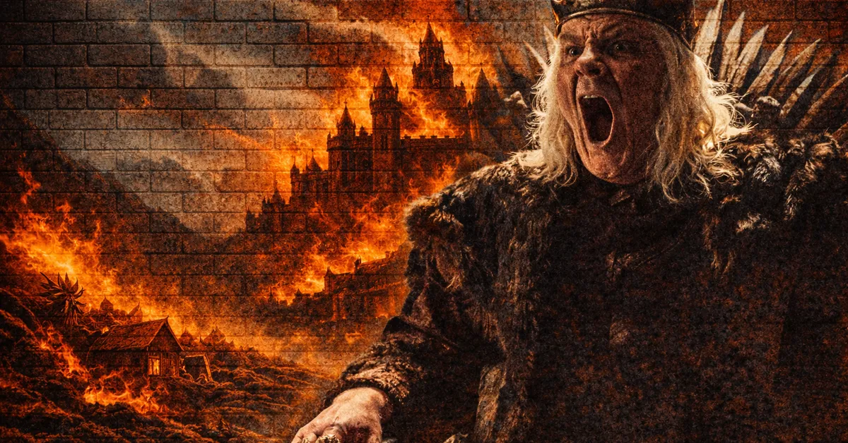 The Mad King (Aerys II Targaryen) rages on the Iron Throne, mouth wide and eyes with rage as his kingdom burns in flames