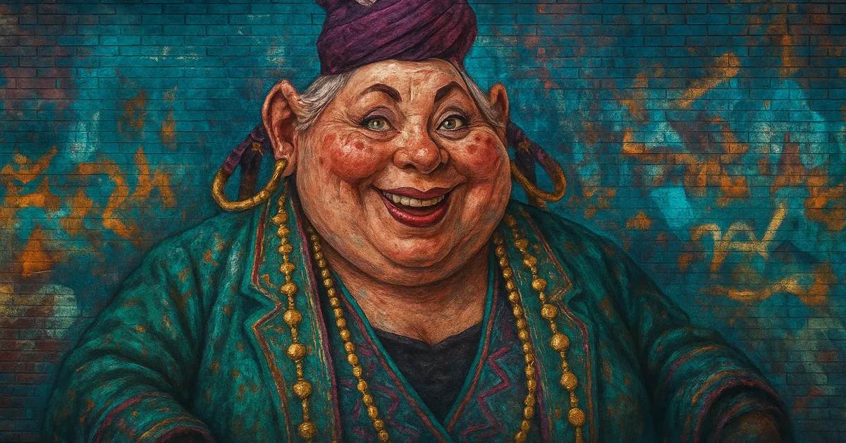 street art portrait of a plump smiling woman 'Madam Malkin' wearing a purple headwrap and heavy gold jewelry representing the owner of the robe shop