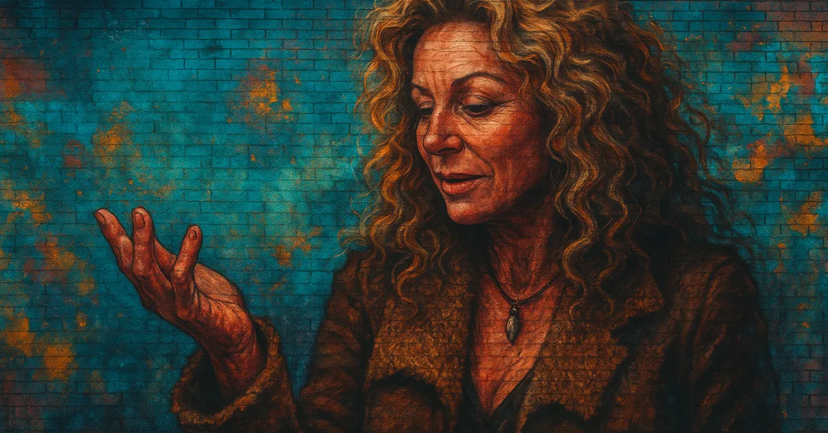 hyper-realistic painting of a woman 'Madam Rosmerta' with cascading curly hair and a warm expression gesturing with her hand typical of the Three Broomsticks landlady