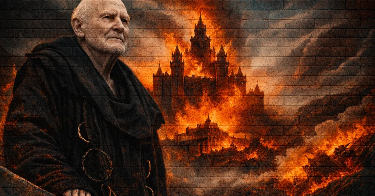 Maester Aemon Tararygen walks down the stair, eyes closed as his is blind and the building burn brightly behind him