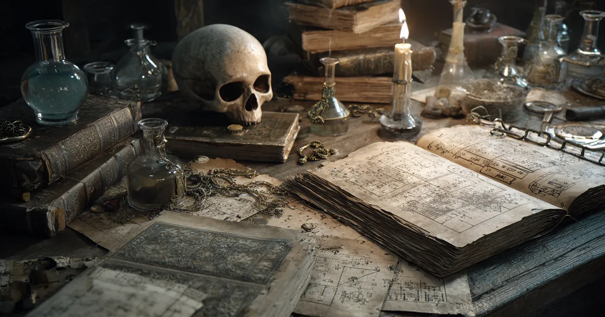 A cluttered desk features scrolls chain links and a skull lit by a candle creating a studious atmosphere suited for researching obscure history and lore