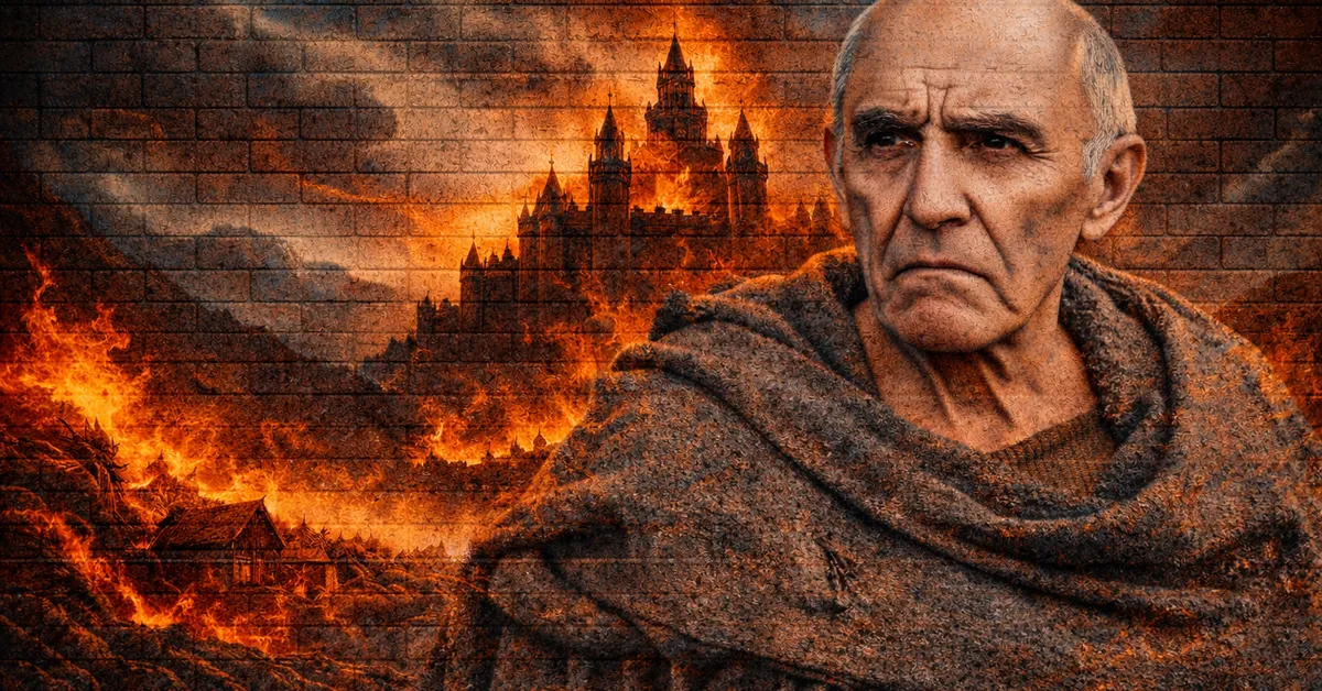Maester luwin looking into the sun as the castle burns behind him without stopping
