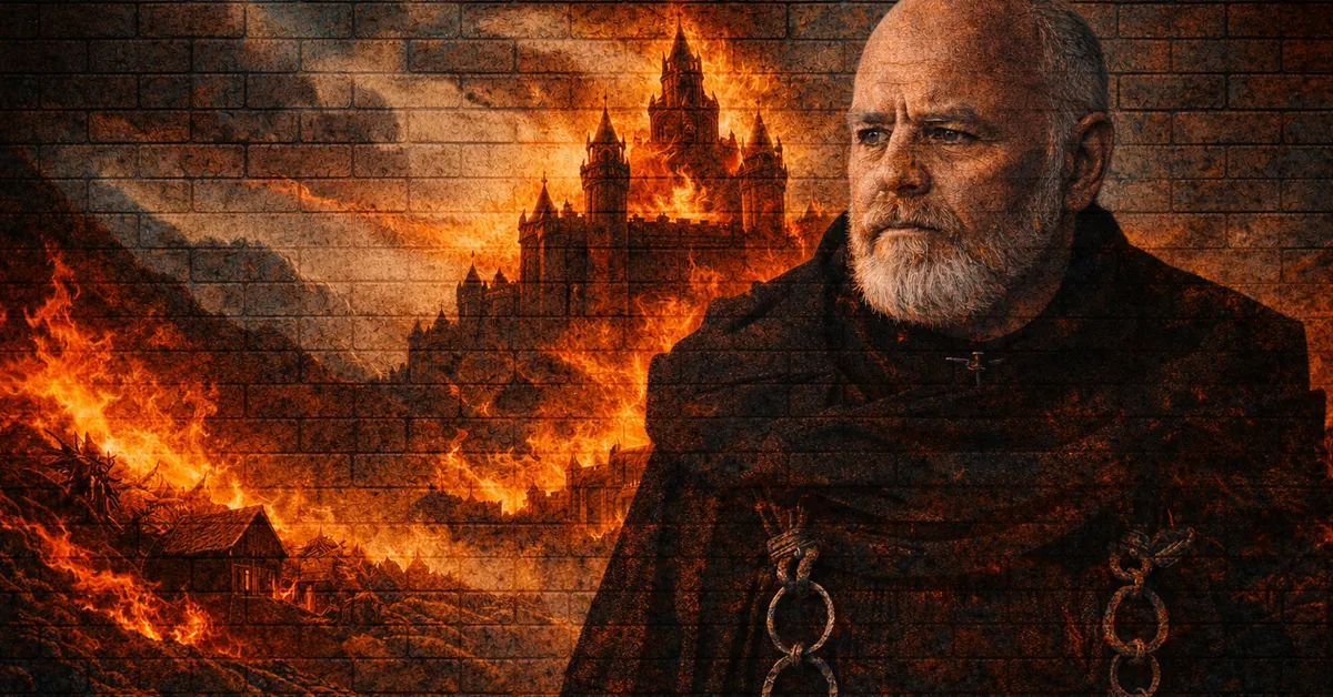 Maester Wolkan walking toward the scree, coat on, beard looking gret and old as the castle erupts in fiore behind him