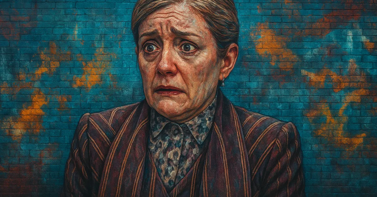 street art of a middle-aged woman 'Mafalda Hopkirk' with a look of shock and worry wearing a striped Ministry of Magic office blazer on a textured wall