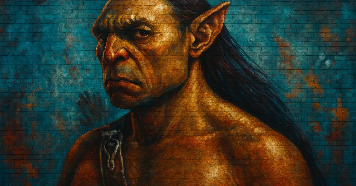 graffiti mural of Magorian the Centaur depicted with a fierce expression and long dark hair flowing over his bare muscular chest