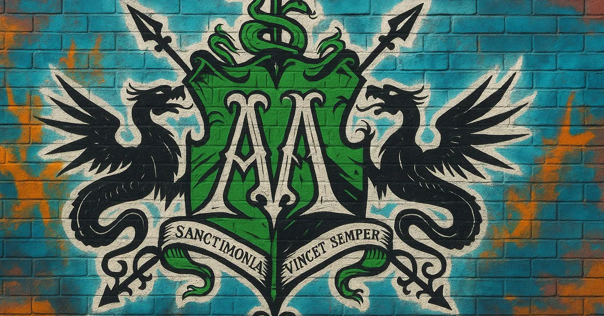 graffiti mural of the Malfoy Family crest featuring a green shield with a silver 'M' intertwined with snakes and flanked by dragons