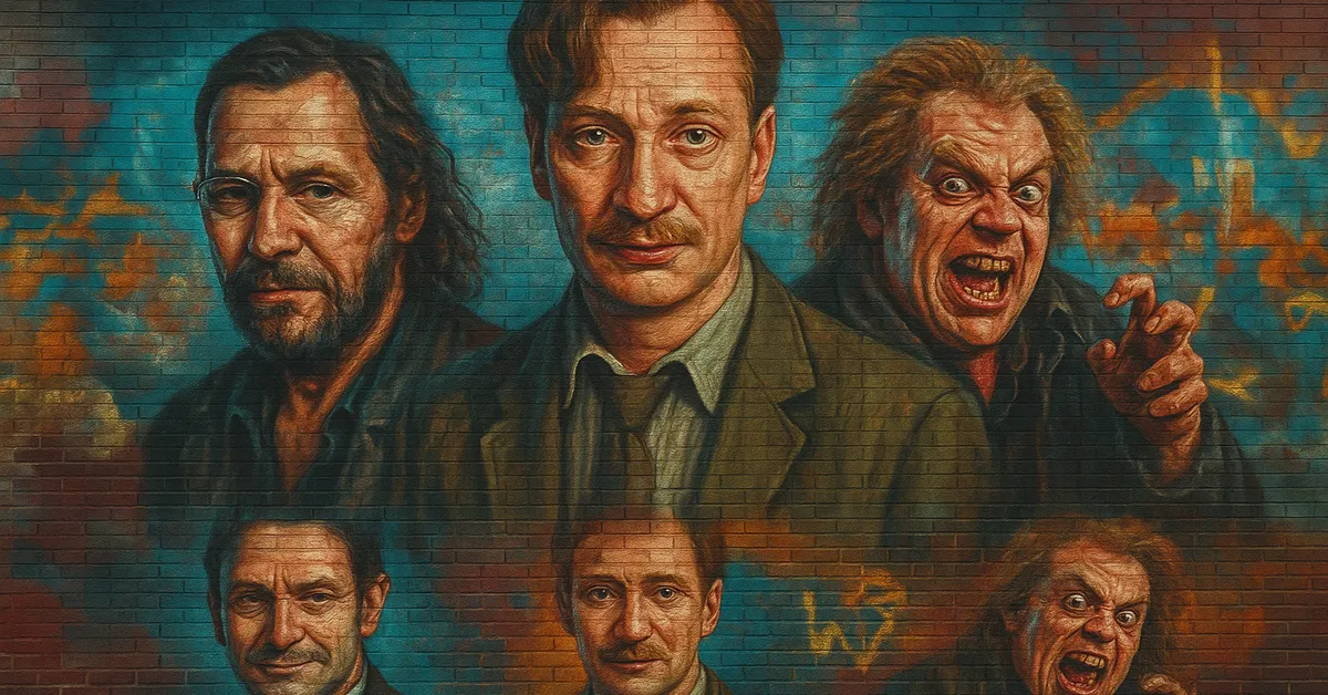 A mural of Sirius Black Remus Lupin and Peter Pettigrew shown in multiple expressions including calm serious and feral against a blue and orange wall