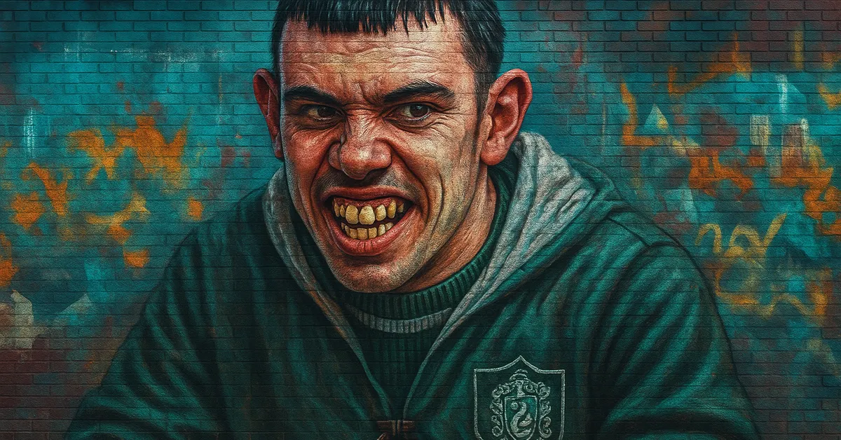 graffiti portrait of Marcus Flint, a brutish Slytherin Quidditch captain with crooked teeth and a menacing sneer wearing green robes