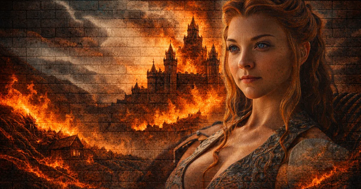 Margaery Tyrell sits and smiles, looking stunning in a royal dress as the word she leaves burns in the background