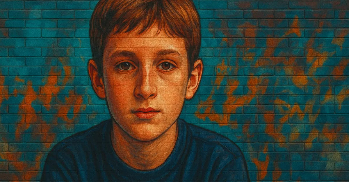 graffiti mural of Mark Evans, a young boy with brown hair and a defiant expression wearing a simple t-shirt on a textured brick wall