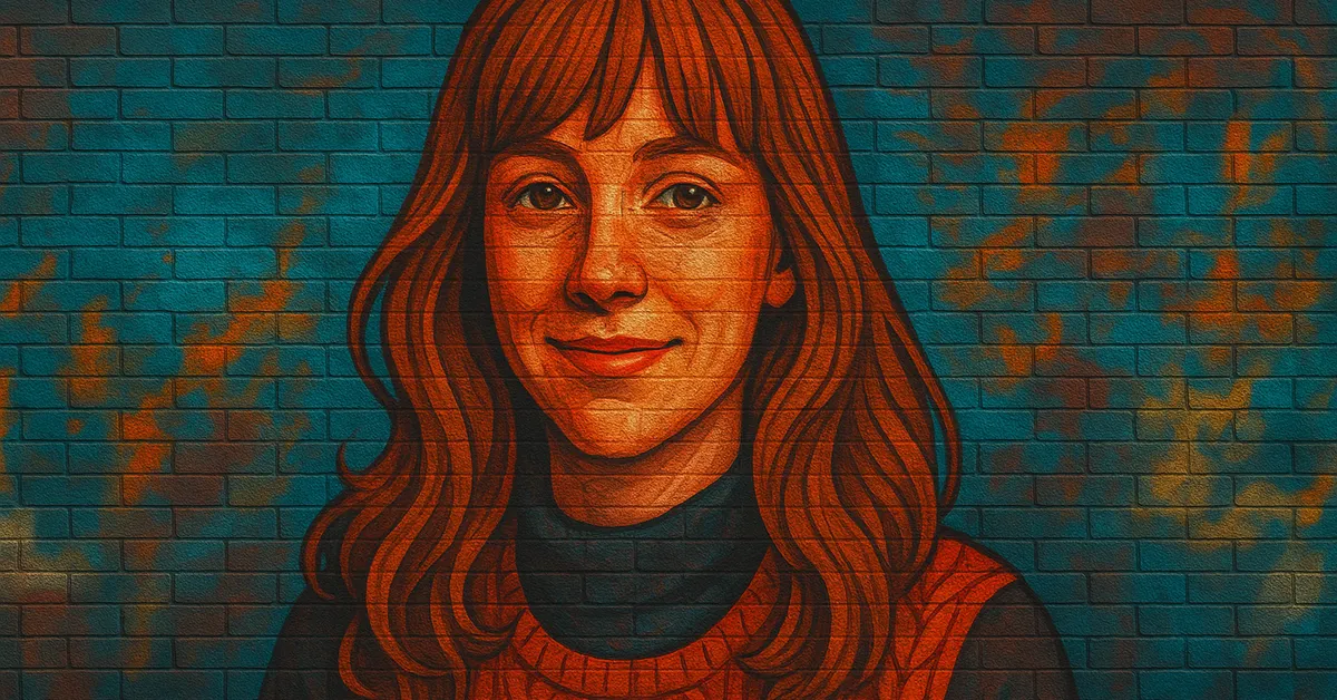 hyper-realistic painting of Marlene Mckinnon, a young woman with a kind smile and long reddish hair wearing a cable-knit sweater