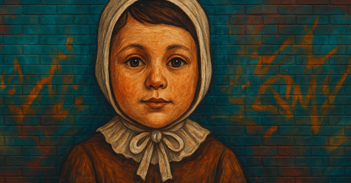street art portrait of Martha, a young girl with large dark eyes wearing an old-fashioned bonnet and collar typical of a vintage orphanage setting