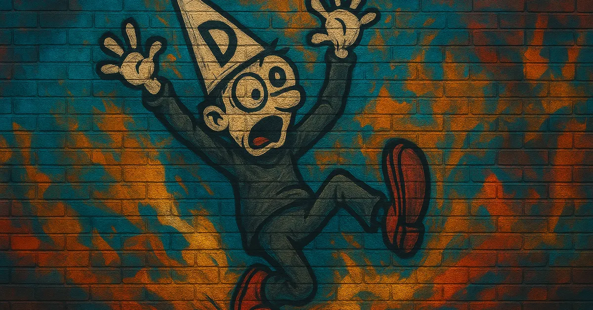 stylized graffiti of Martin Miggs, depicting a comic book character in a dunce cap slipping and looking terrified representing the Mad Muggle