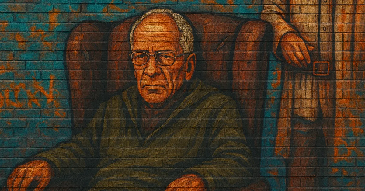 hyper-realistic mural of Marvolo Gaunt, an angry elderly man with thick glasses and stubble sitting in a worn armchair exuding pure-blood arrogance