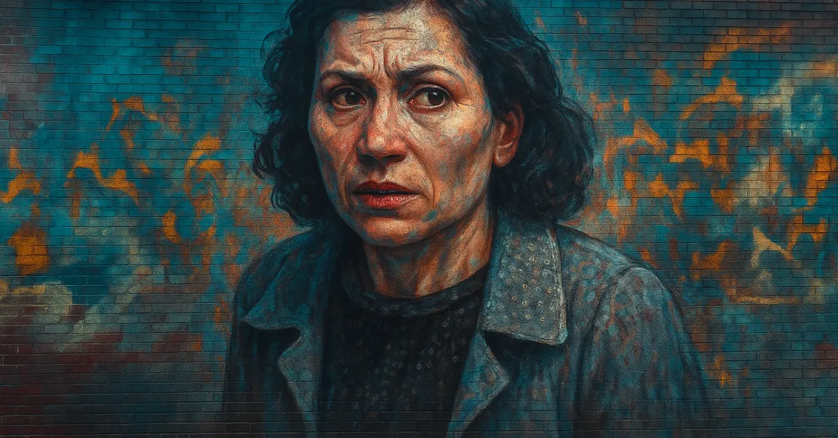 hyper-realistic street art of Mary Cattermole depicting a woman with dark wavy hair and a terrified expression wearing a dark coat capturing her fear during the Muggle-born registration commission trial