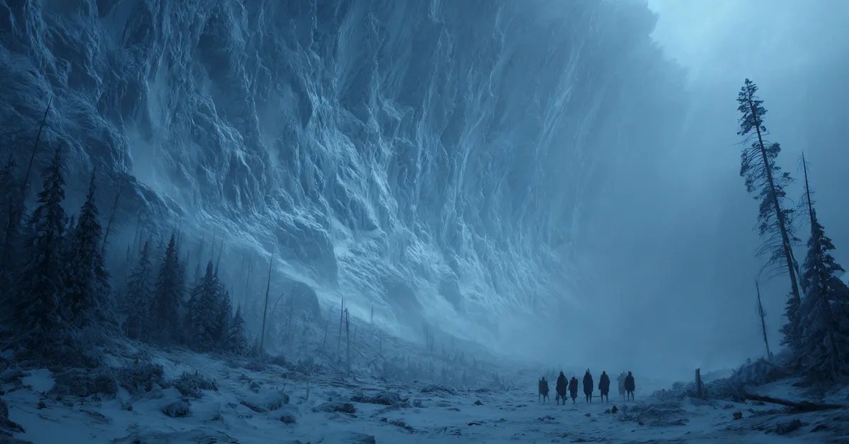 Black-clad figures stand at the base of a colossal ice wall towering over a frozen forest at twilight establishing the immense scale of the barrier protecting the Seven Kingdoms