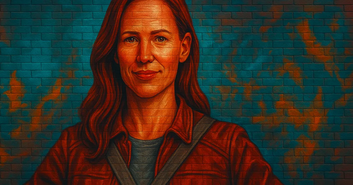 mural of Mathilda Grimblehawk as a cheerful witch with red hair and glasses wearing a leather jacket representing the Auror partner from the Wizards Unite crisis